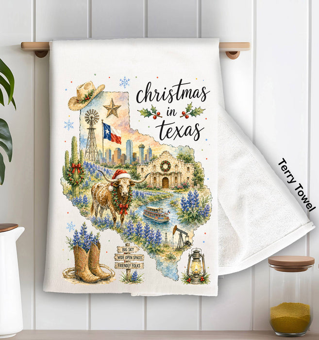 Christmas in Texas State Map Kitchen Terry Towel
