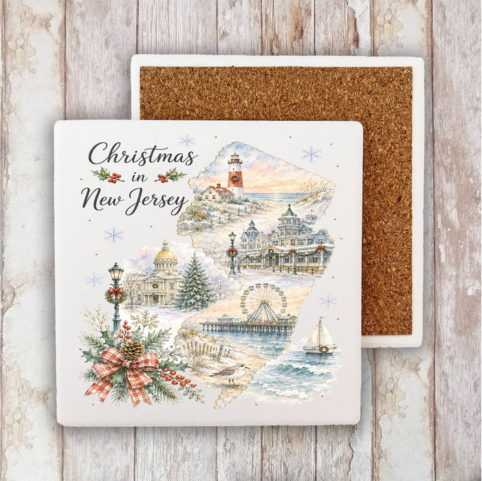 Christmas in New Jersey State Map Stone Coaster