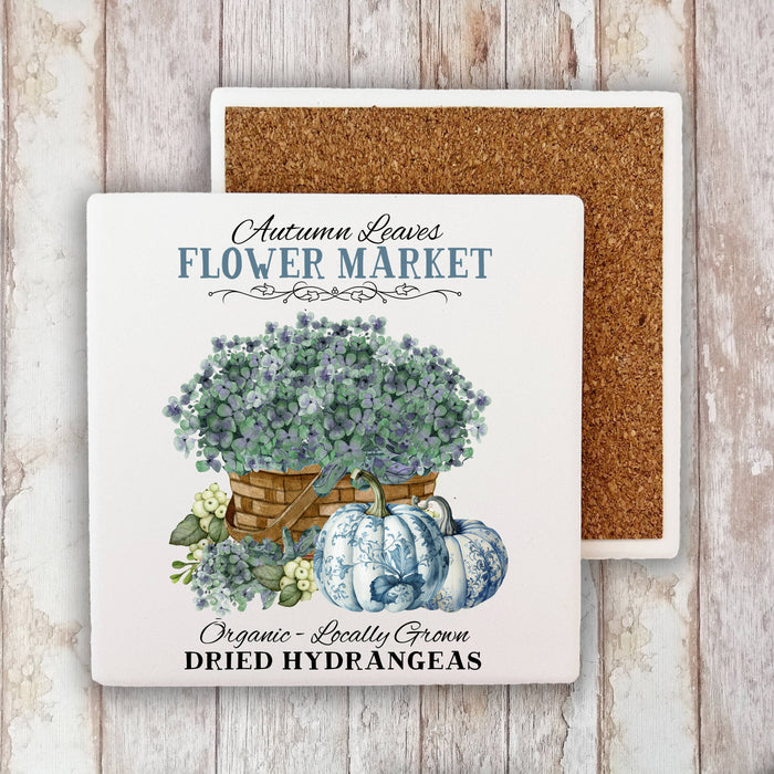 Autumn Blue White Pumpkins Hydrangeas Stone Coaster