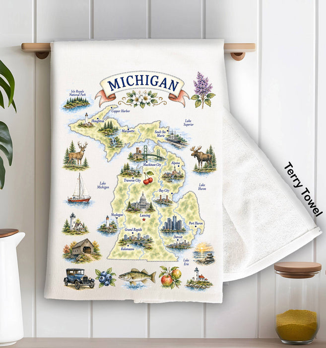 Michigan State Map Landmark Kitchen Terry Towel