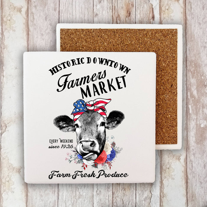 Farmers Market Patriotic Cow Stone Coaster