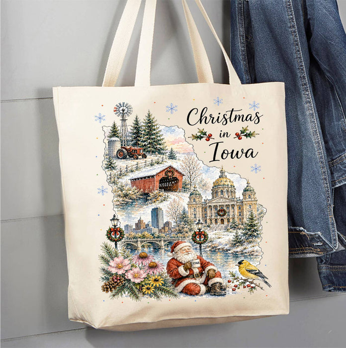 Christmas in Iowa State Map Canvas Tote Bag
