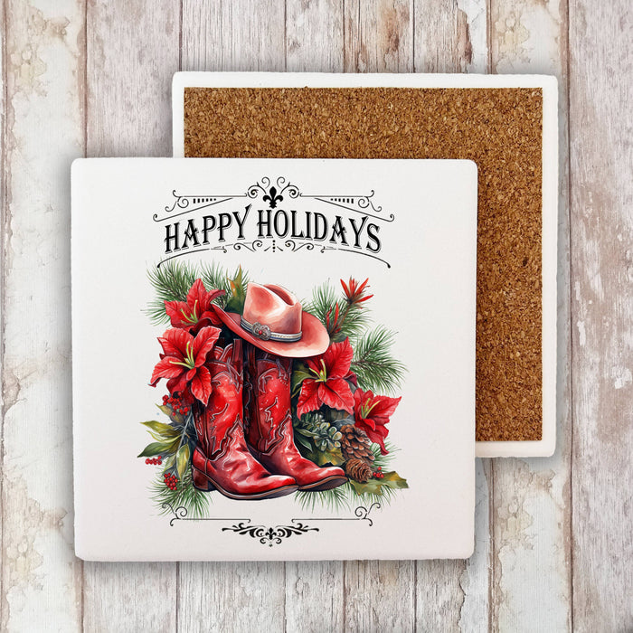 Christmas Red Cowboy Boots Western Stone Coaster