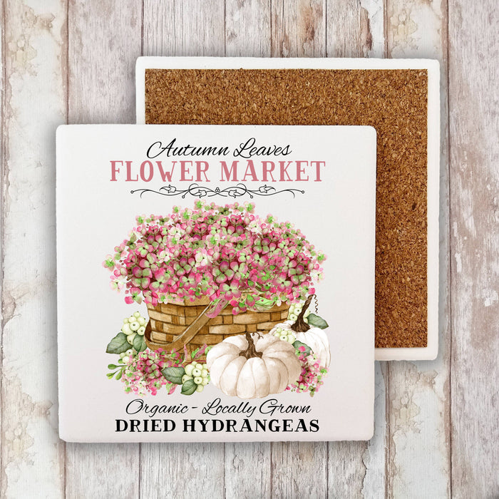Autumn fall Dried hydrangeas Pumpkin Stone Coaster