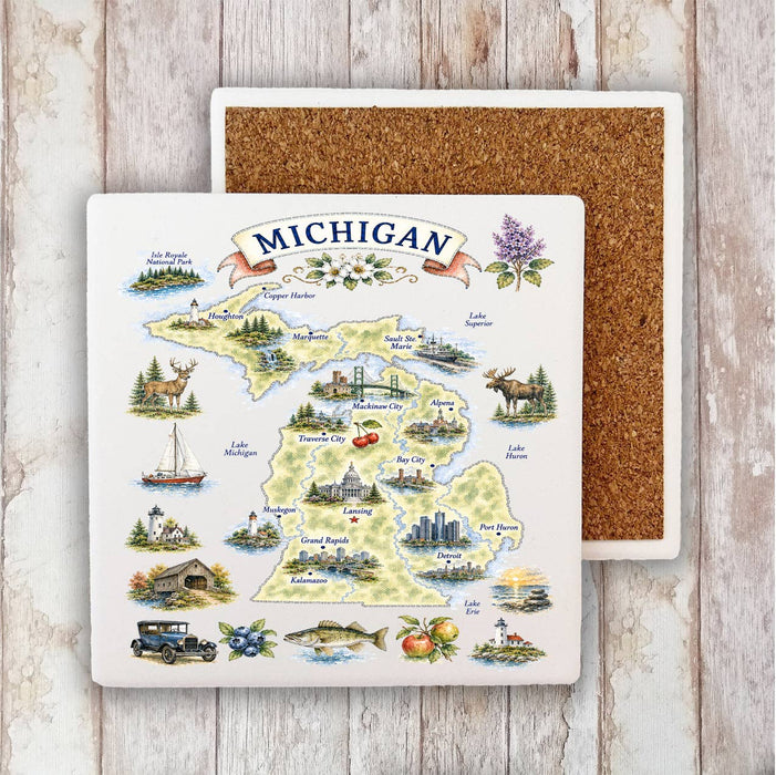 Michigan State Map Landmark Stone Coaster