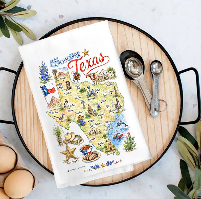 Texas State Map Landmark Tea Towel