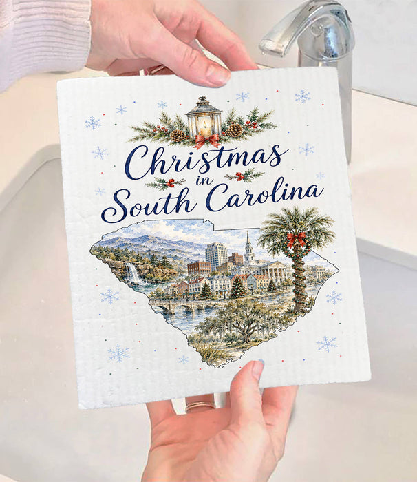 Christmas in South Carolina State Map Swedish Dishcloth