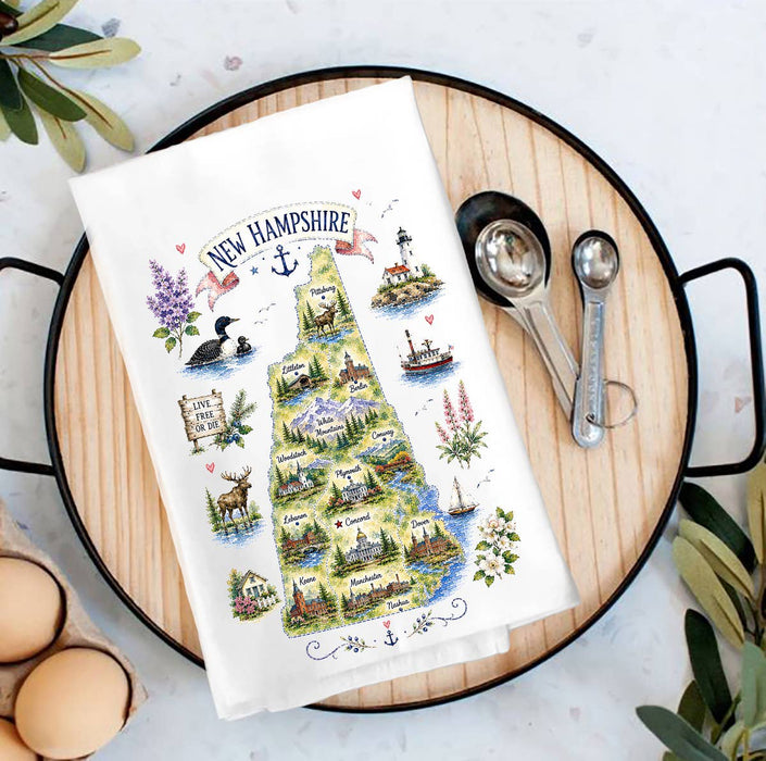 New Hampshire State Map Landmark Tea Towel