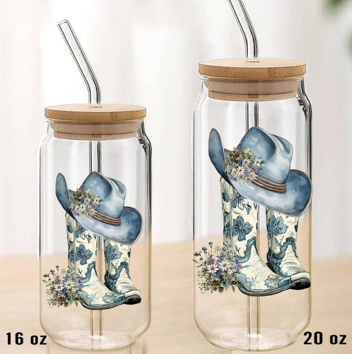 Western Blue & White Cowboy Boots Can Glass with Lid Straw