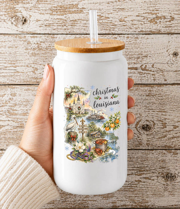 Christmas in Louisiana State Map Glass Cup
