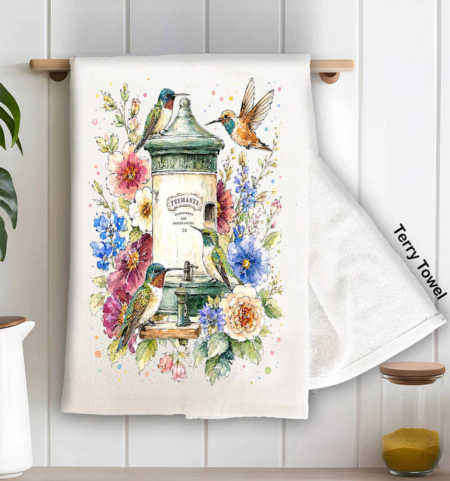 Spring Hummingbirds Flowers Feeder Kitchen Terry Towel