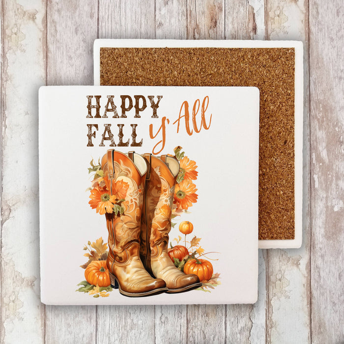Happy Fall Y'All Cowboy Boots Western Stone Coaster