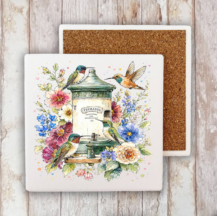 Spring Hummingbirds Flowers Feeder Stone Coaster