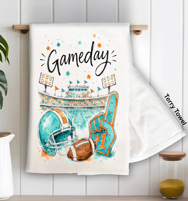 Gameday Football Aqua & Orange Kitchen Terry Towel