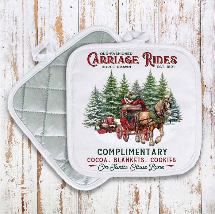 Christmas Carriage Rides Horses Pot Holder Oven Mitt