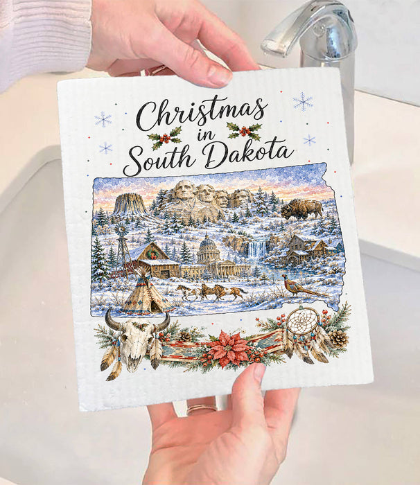 Christmas in South Dakota State Map Swedish Dishcloth