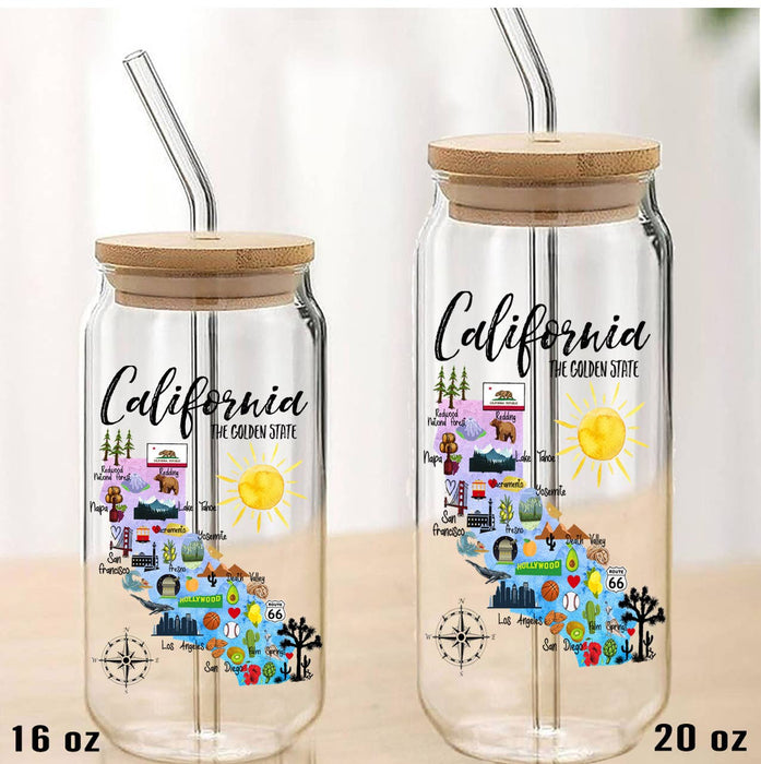 California State Map Can Glass with Lid and Straw