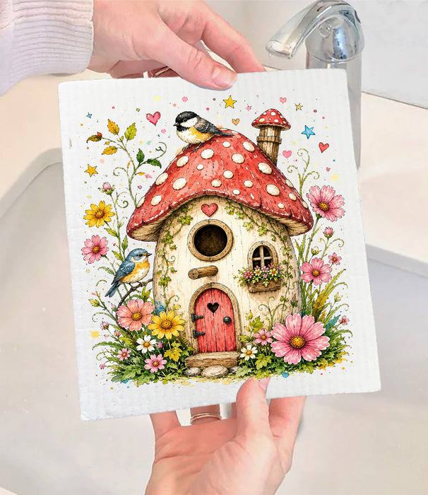 Mushroom Birdhouse Flowers Swedish Dishcloth