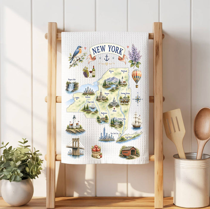 New York State Map Landmark Waffle Weave Towel