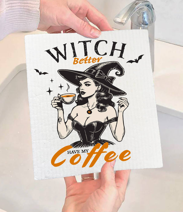 Halloween Retro Witch Better Coffee Swedish Dishcloth