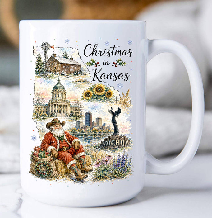 Christmas in Kansas State Map Coffee Mug
