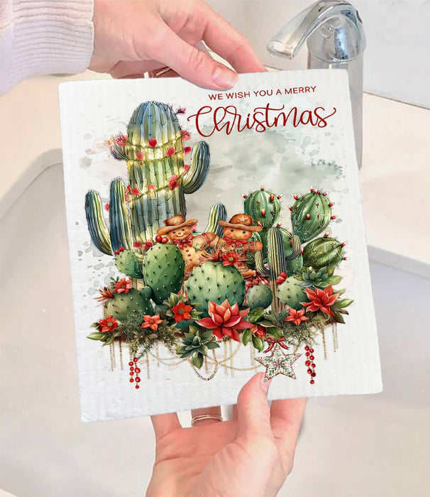 Merry Christmas Cactus Flowers Swedish Dishcloth