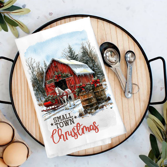 Small Town Christmas Horse and Barn Tea Towel