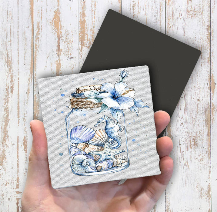 Coastal Blue Sea Shells in a Jar Magnet Fridge