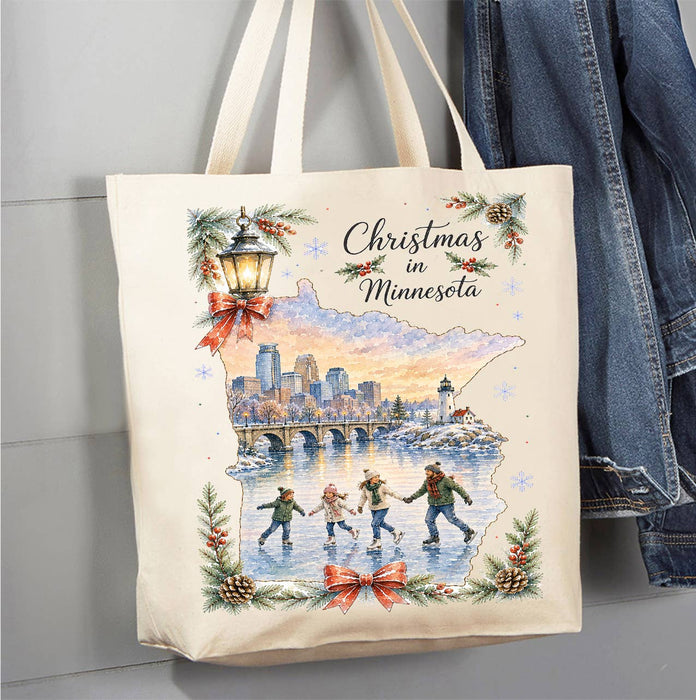Christmas in Minnesota State Map Canvas Tote Bag