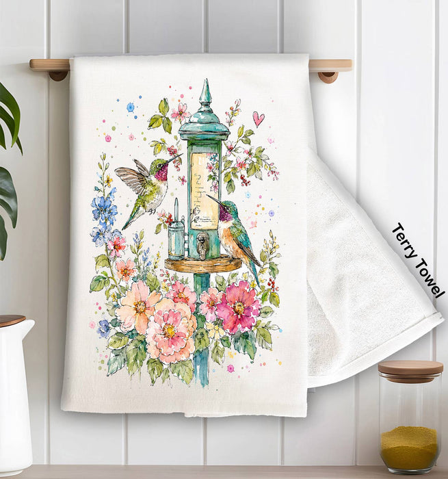 Spring Flowers Hummingbirds Kitchen Terry Towel