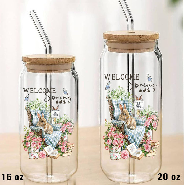 Welcome Spring Bunny Flowers Can Glass with Lid Straw