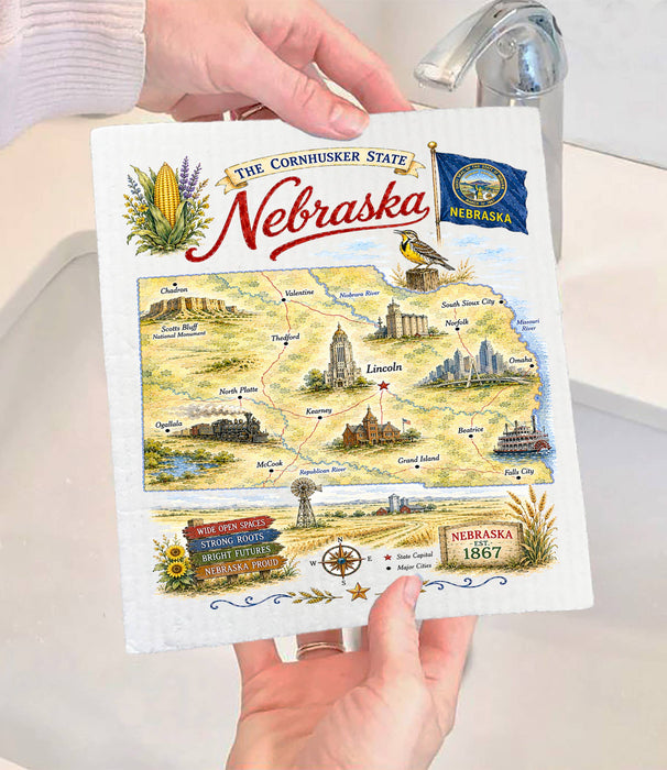 Nebraska State Map Landmark Swedish Dishcloth