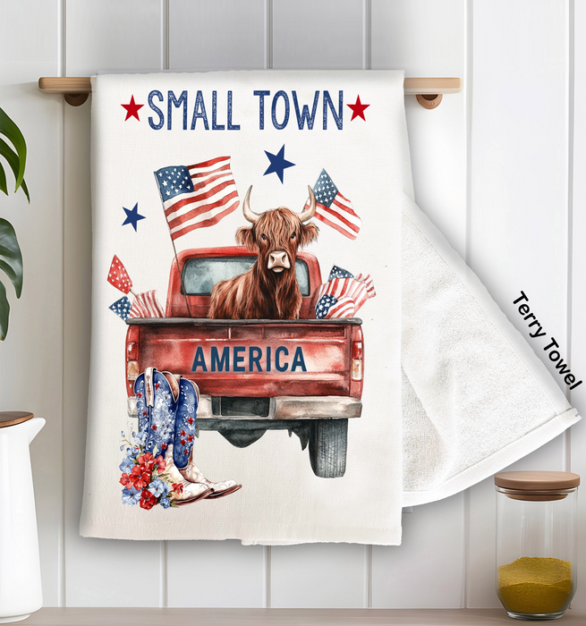 Small Town American Patriotic Cow Kitchen Terry Towel