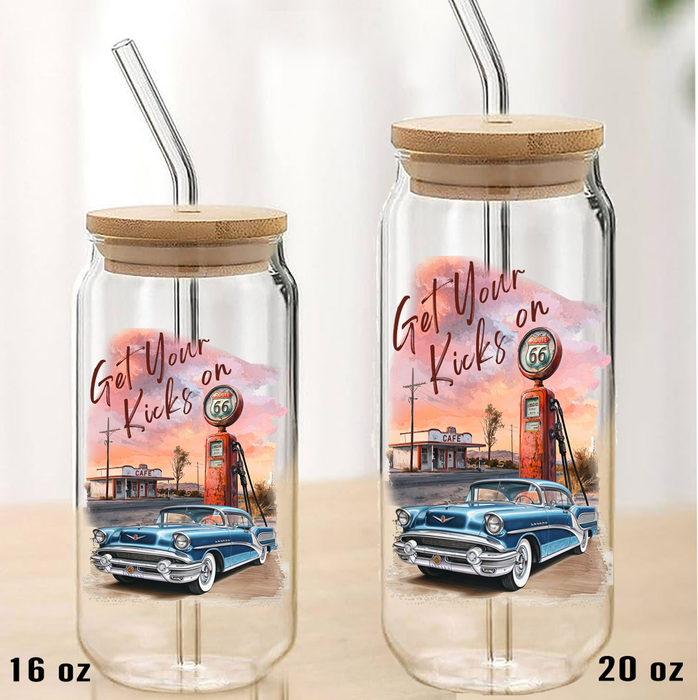 Route 66 Get Your Kicks Gas Pump  Can Glass with Lid Straw