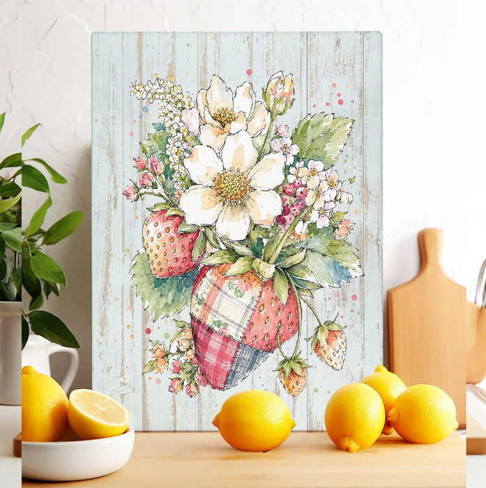 Watercolor Quilted Strawberry Glass Cutting Board