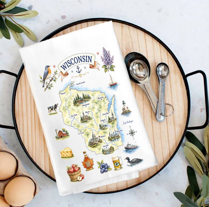 Wisconsin State Map Landmark Tea Towel