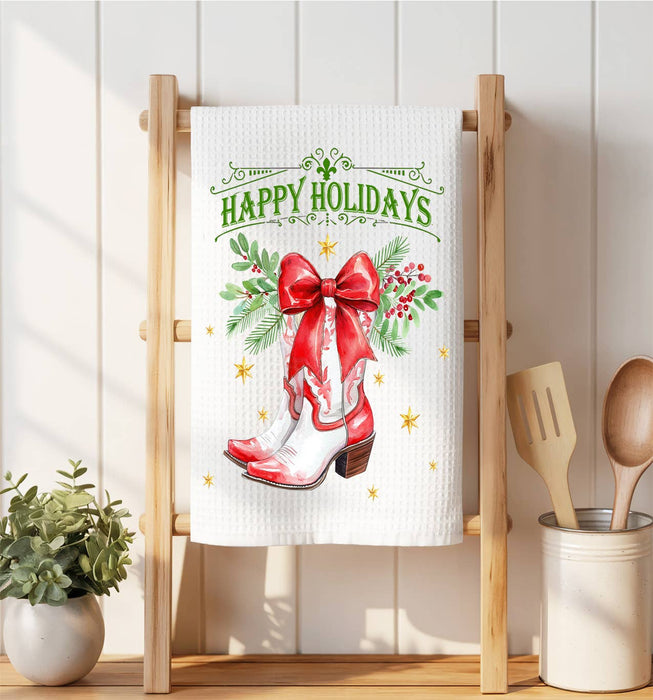 Christmas Happy Holidays Cowboy Boot Waffle Weave Towel
