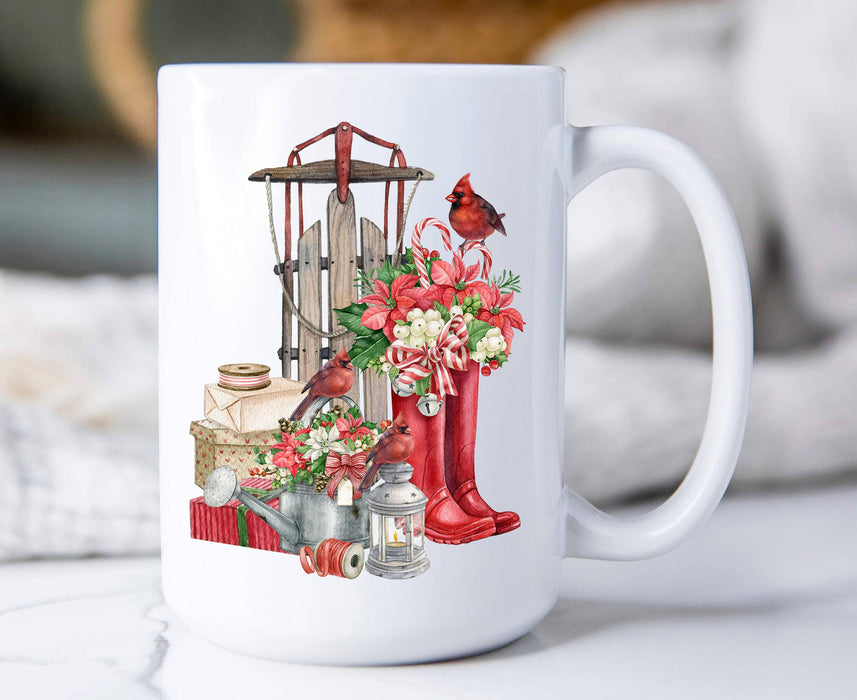 Christmas Sleigh Red Boots Cardinal Coffee Mug