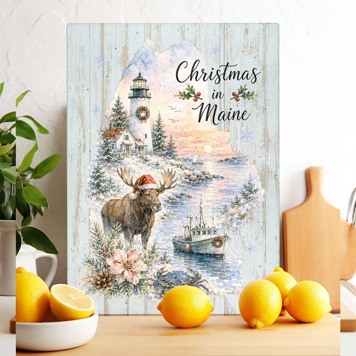 Christmas in Maine State Map Glass Cutting Board