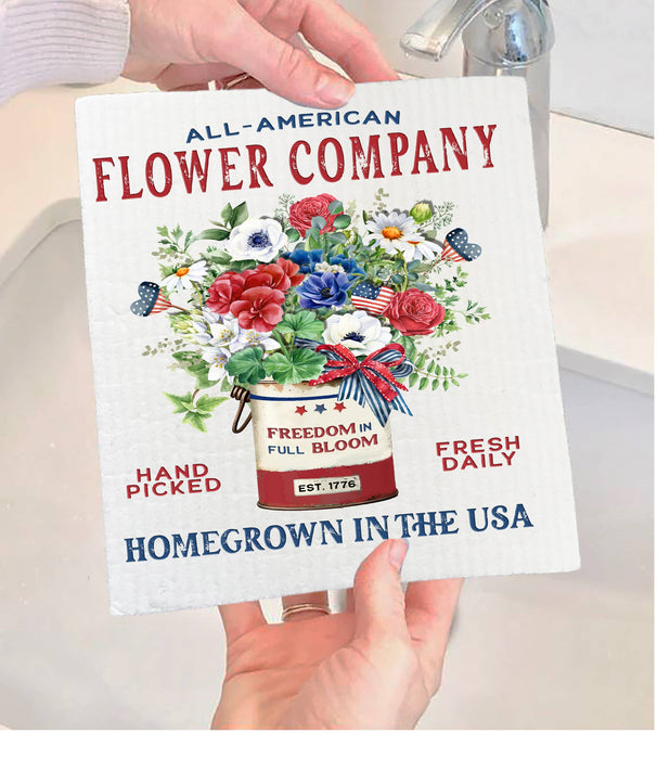 Farmhouse 4th of July Patriotic Flowers Swedish Dishcloth