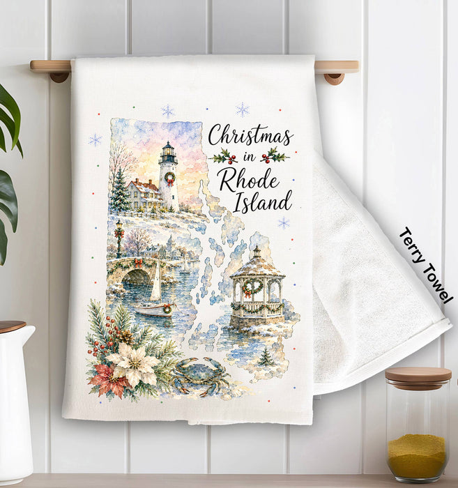 Christmas in Rhode Island State Map Kitchen Terry Towel