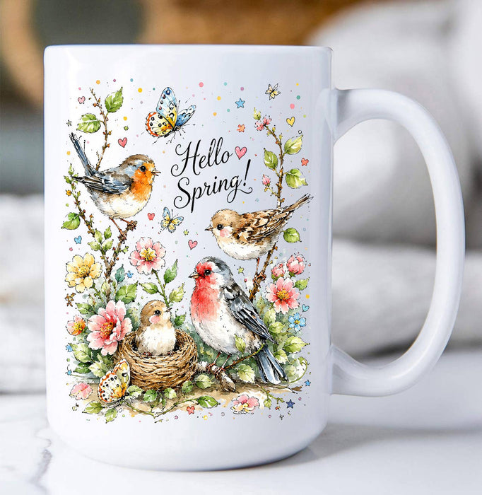 Hello Spring Flowers Birds Coffee Mug