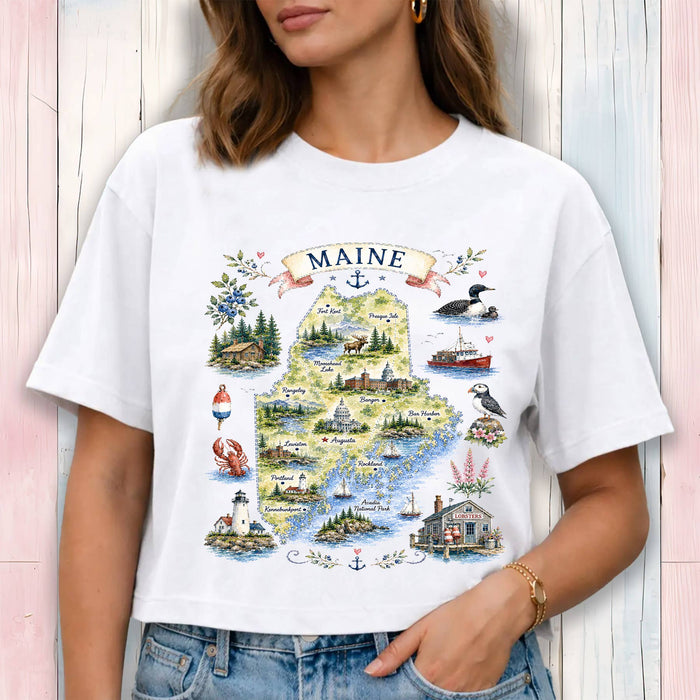 Maine State Map Landmark Cropped T-Shirt