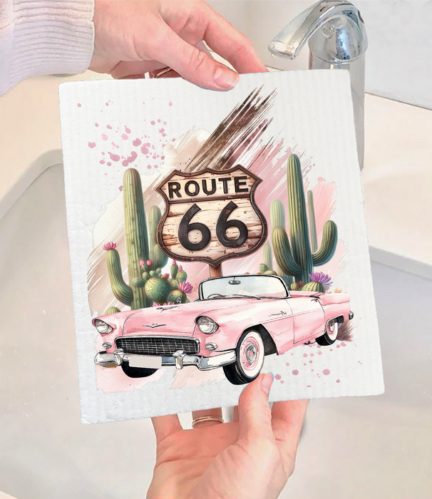 Route 66 Pink Vintage Car  Swedish Dishcloth