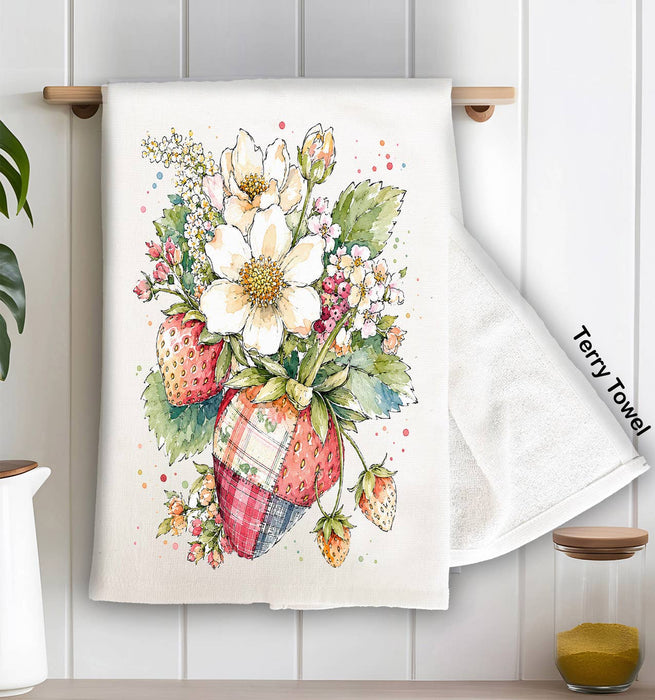 Watercolor Quilted Strawberry Kitchen Terry Towel