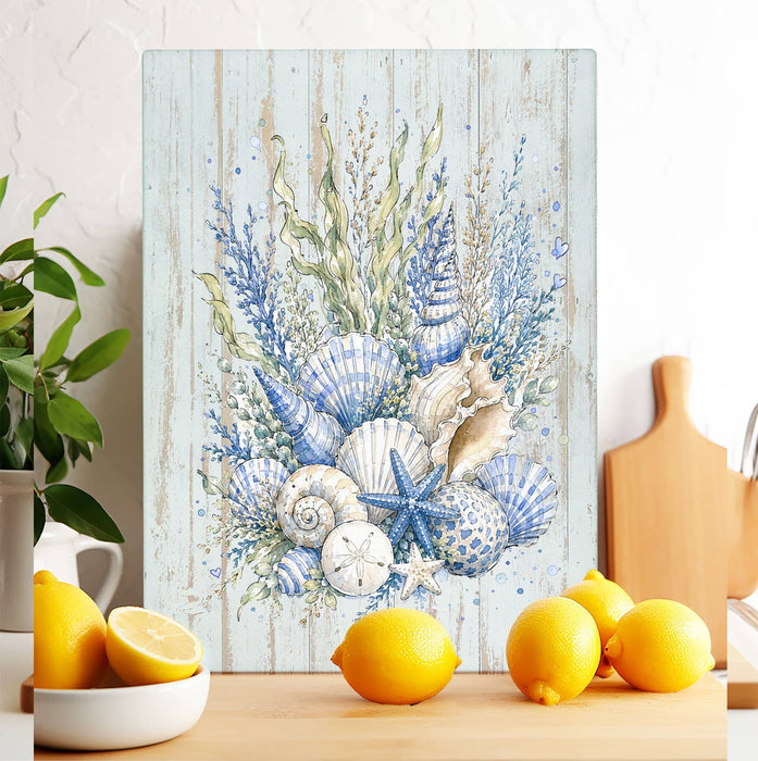 Coastal Blue Sea Shells Bouquet Glass Cutting Board