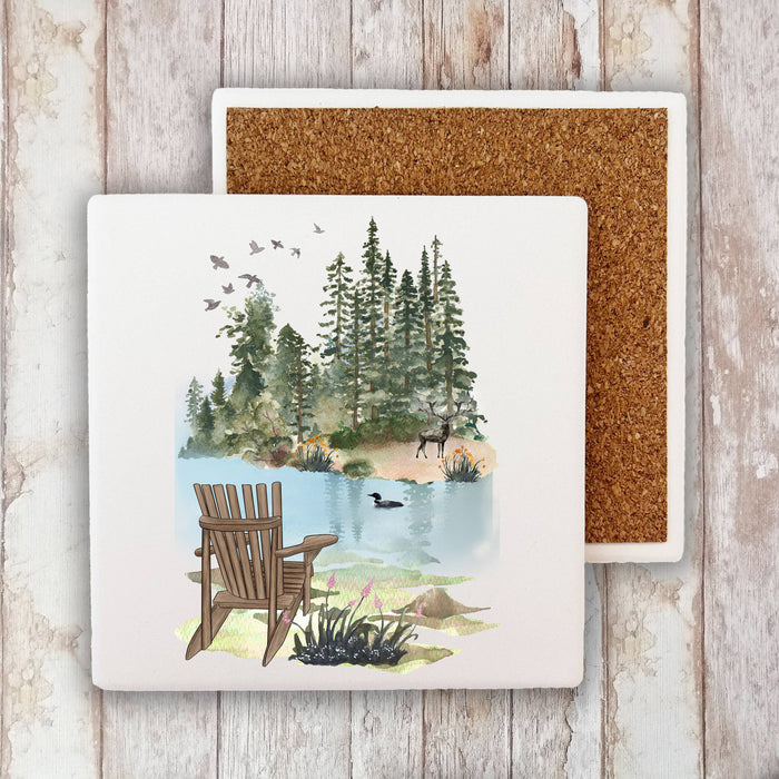Andirondacks Chairs Lake Mountains Stone Coaster