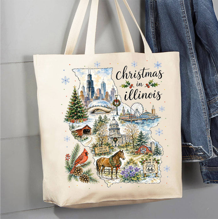Christmas in Illinois State Map Canvas Tote Bag