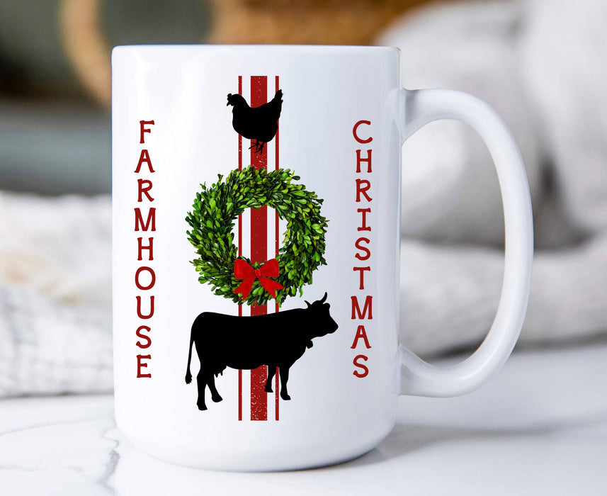 Farmhouse Christmas Wreath Chicken Cow, Coffee Mugs