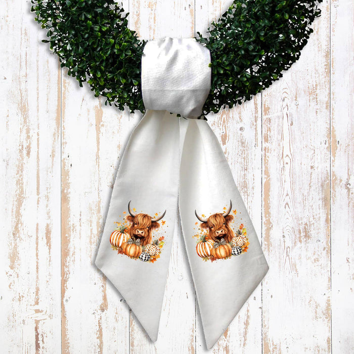 Fall Autumn Highland Cow Pumpkins Wreath Sash